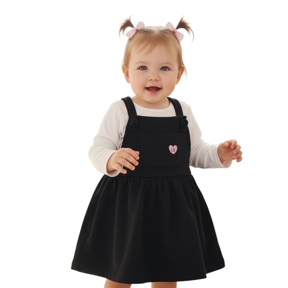 Calvin Klein Girls' Black Overall Dress with Pink Heart Patch Size 24 Months